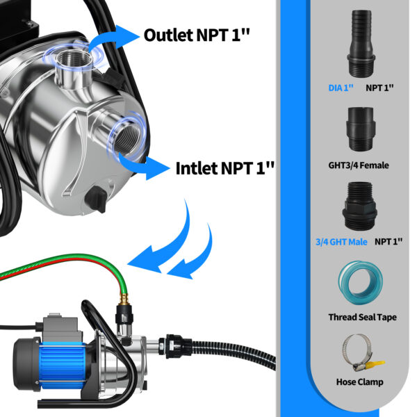1.6HP Portable Water Transfer Pump 1200GPH Shallow Well Pump Garden Booster Pumps for Draining Irrigation Lawn Farm Water Removal - Image 3