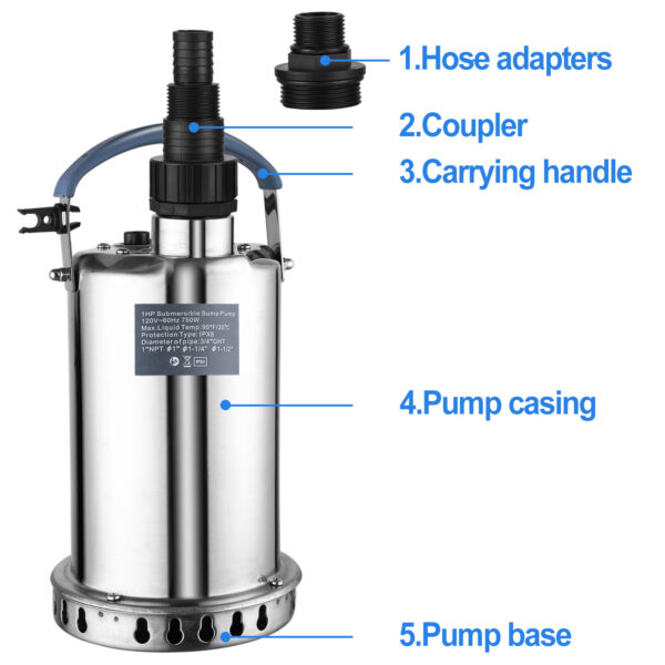 1HP Sump Pump Submersible 4000GPH Water Pump for Pool Draining, Clean/Dirty Water Removal from Basement Garden Pond Sump Pit Hot Tub with 3 Hose Adapters and 16.4ft Power Cord - Image 3