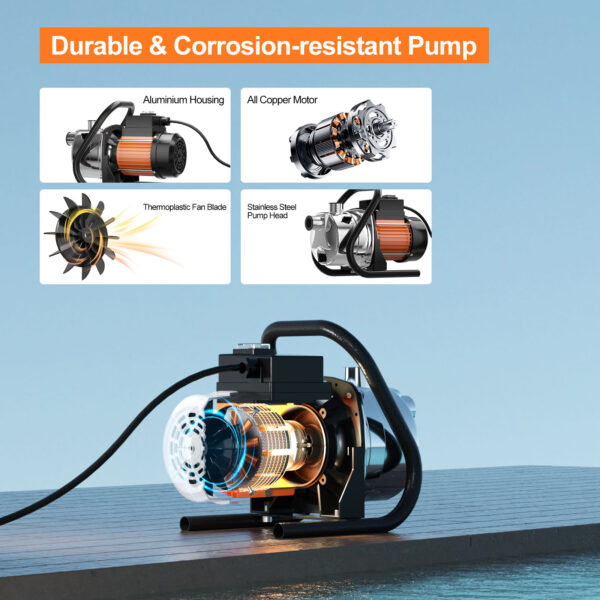 1.6HP Portable Water Transfer Pump 1200GPH Shallow Well Pump Garden Booster Pumps for Draining Irrigation Lawn Farm Water Removal - Image 4