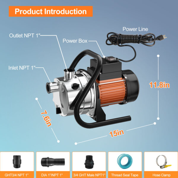 1.6HP Portable Water Transfer Pump 1200GPH Shallow Well Pump Garden Booster Pumps for Draining Irrigation Lawn Farm Water Removal - Image 2